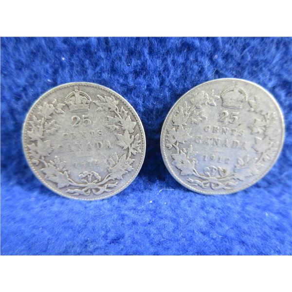 2 Canadian 25 Cent Coins - .925 Silver - 1912, 1914