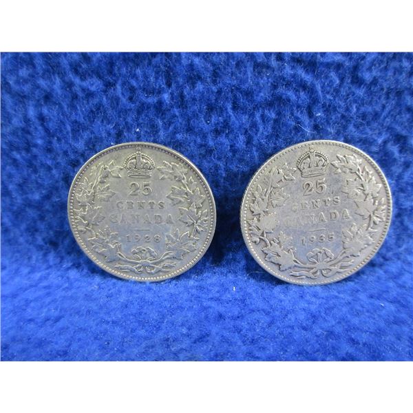 2 Canadian 25 Cent Coins - .800 Silver - 1928, 1935