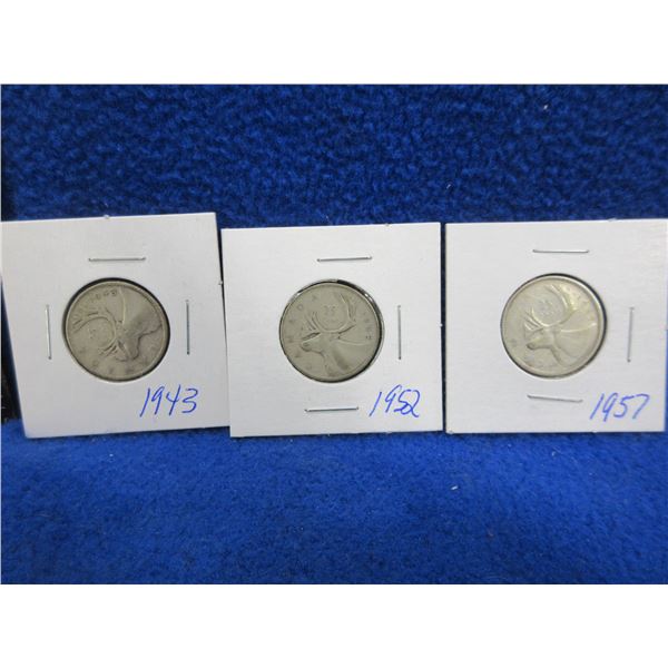 3 Canadian 25 Cent Coins - .800 Silver - 1943, 1952, 1957