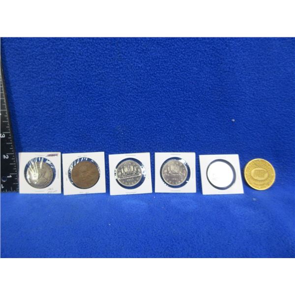 Lot of 6 Misc. Coins & Tokens - 3 Canadian Dollar Coins, Misprint, Etc.