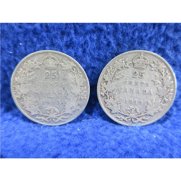 2 Canadian 25 Cent Coins - .925 Silver - 1913, 1919
