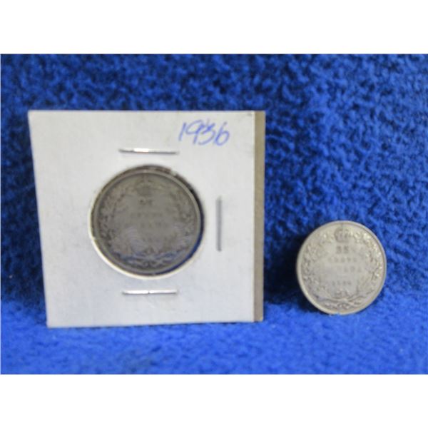 2 Canadian 25 Cent Coins - .800 Silver - 1928, 1936