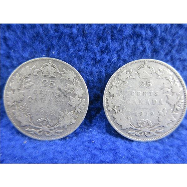 2 Canadian 25 Cent Coins - .925 Silver - 1912, 1919