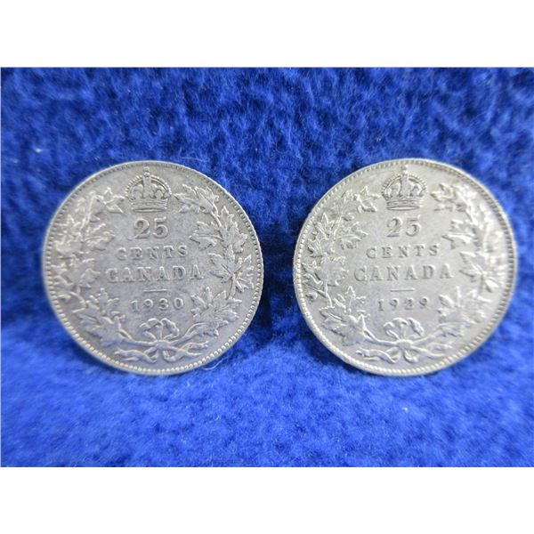 2 Canadian 25 Cent Coins - .800 Silver - 1929, 1930