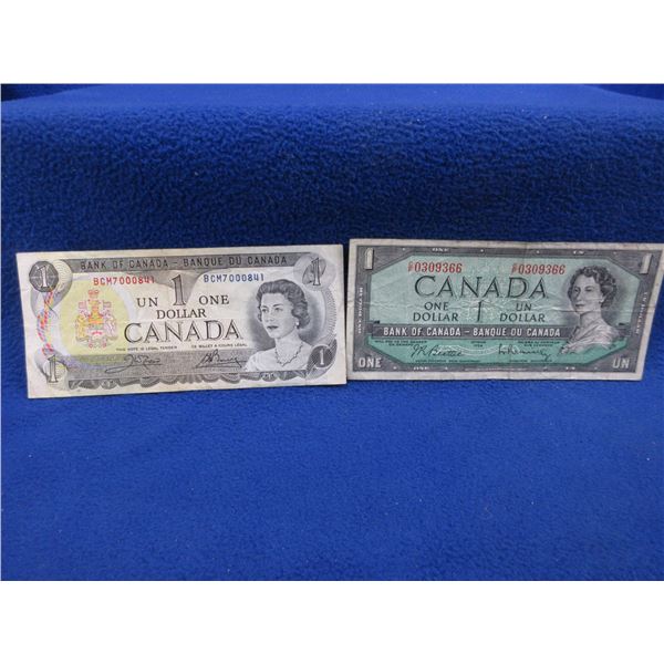 2 Canadian 1 Dollar Bills - 1954, 1973