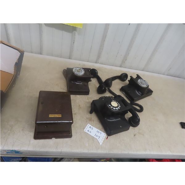 3 Vintage Phones and Wooden Ringer 