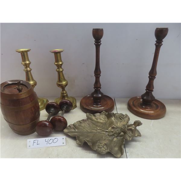 Brass and Wood Candle Sticks, Small Cask, Vint Wood Door Knobs and Brass Dish