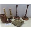 Image 1 : Brass and Wood Candle Sticks, Small Cask, Vint Wood Door Knobs and Brass Dish