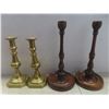 Image 2 : Brass and Wood Candle Sticks, Small Cask, Vint Wood Door Knobs and Brass Dish