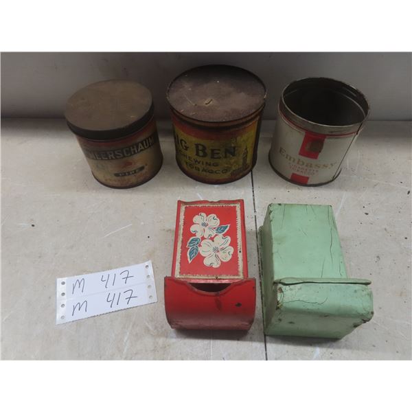 2 Vintage Match Dispensers and 3 Tabacco Tins