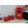 3 1 Gallon Gas Containers and a 14 Gallon Container with Wheels