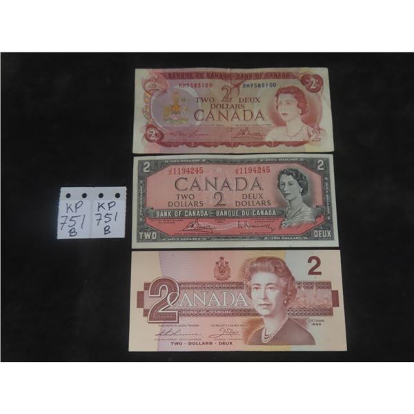 3 Canada Two Dollar Bills 1954,74,86