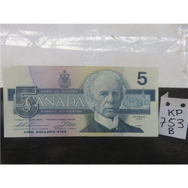 1 1986 Canada $5 Bill AU Condition 
