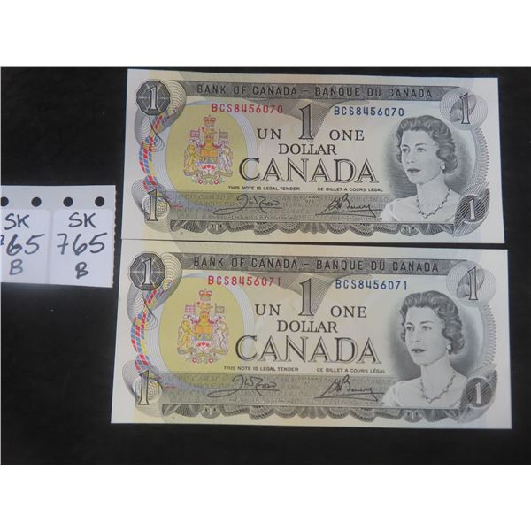 2 1973 Uncirculated Canada $1 Bills with Consecutive Serial Numbers