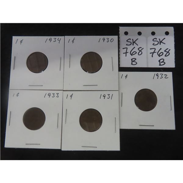 5 Vintage Canada Pennies 1930,31,32,33,34