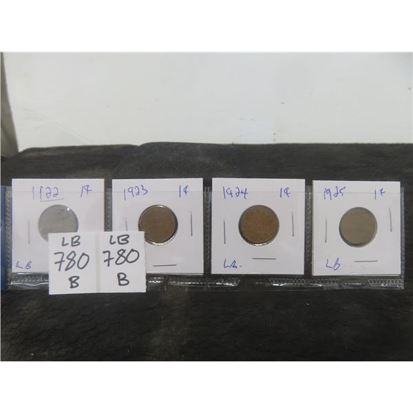 4 Canadian Pennies 1922,23,24,25