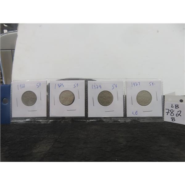 4 Canadian Nickels 1922,23,24,27