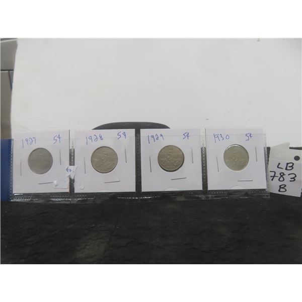 4 Canadian Nickels 1927,28,29,30