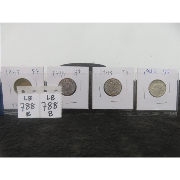 4 Canadian Nickels 1944,45,46,43 Tombac