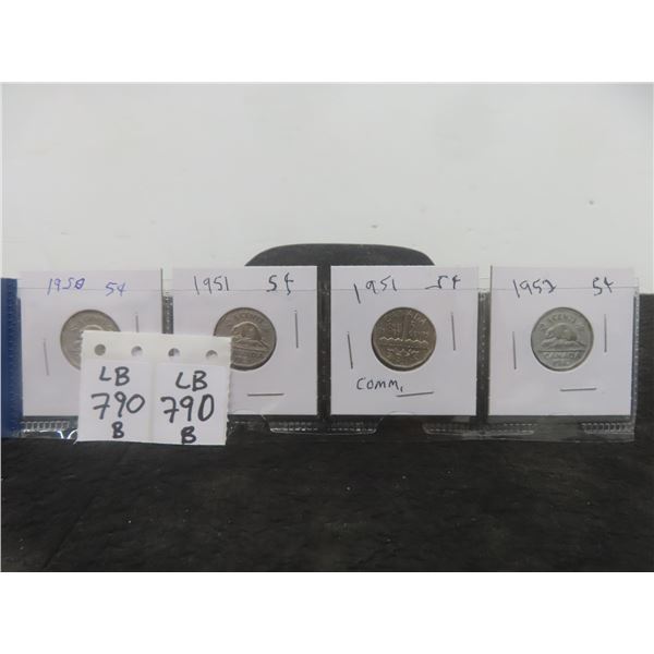 4 Canadian Nickels 1950,51,52,51 Comm