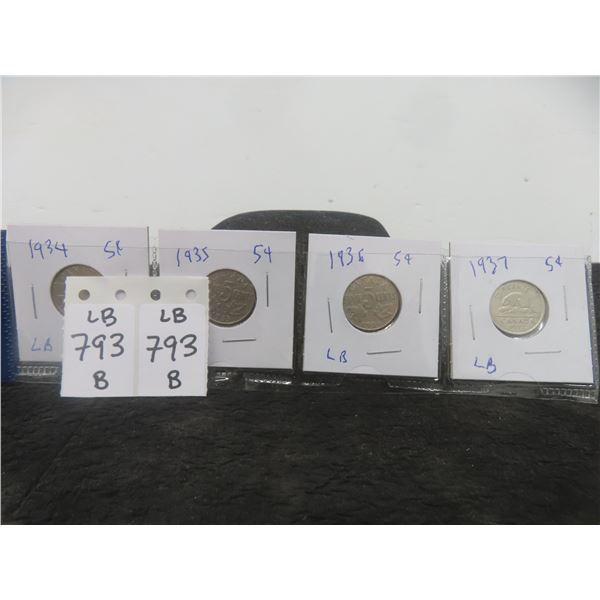 4 Canadian Nickels 1934,35,36,37