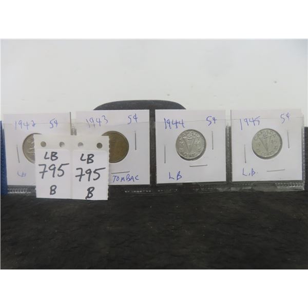 4 Canadian Nickels 1942,44,45,43 Tombac