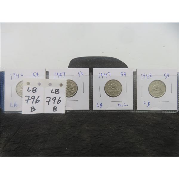 4 Canadian Nickels 1946,47,48,47 ML 