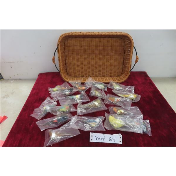 Lot of 18 Sealed Songbird Replicas and Wicker Basket