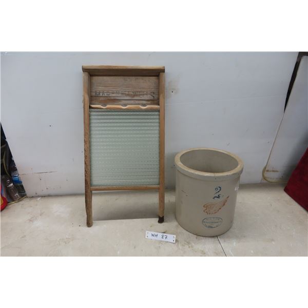 2 Gallon Red Wing Crock and Vintage Washboard