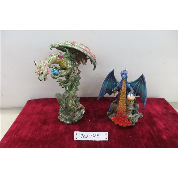2 Dragon Figurines with Orb 8'' High and with Gems and Orb 11'' High 