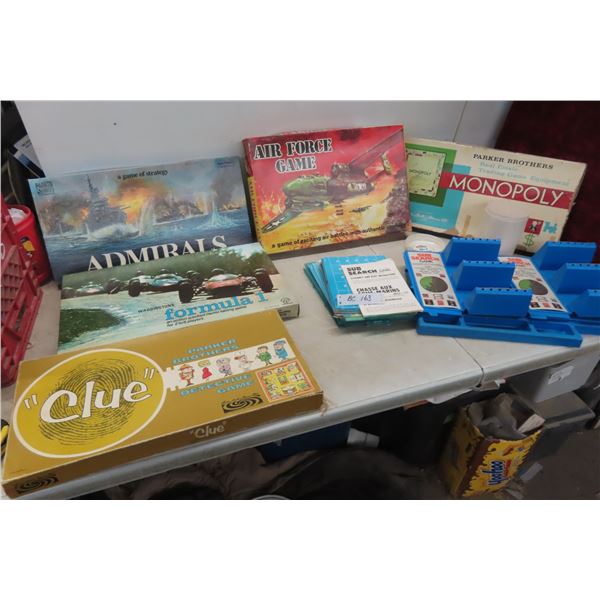 Board Games: Clue, Admirals Air Force, Monopoly, Sub Search