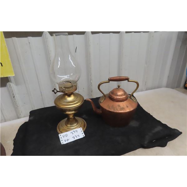 Copper Kettle and Brass Oil Lamp