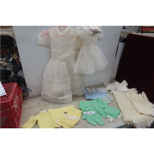 Box of Vintage Knitting Baby Cloths and Blanket