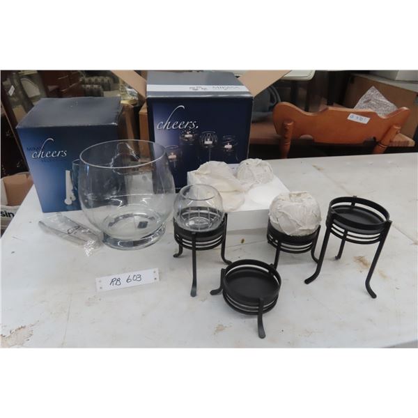 New Glass Ice Bucket with Tongs and 4 Candle Holders