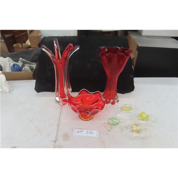 Coloured Blown Glass 2 Vases, Candy Dish, Glass Candy 
