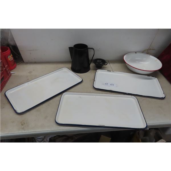 Enamelware 3 Trays 20x10, Basin, Coffee Pot
