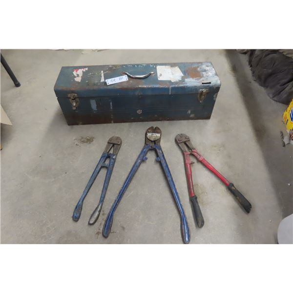 Large Metal Tool Box and 3 Pairs Bolt Cutters (Tool Box Doesn’t Open Fully)
