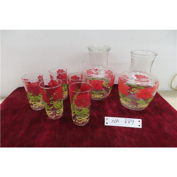2 Vintage Juice Pitchers and 5 Glasses
