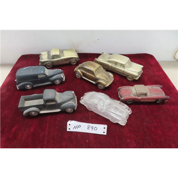 2 Metal Car Bank, Art Glass Car