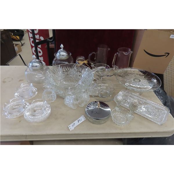 Crystal/Cut Glass 2 Cannisters, Pitchers, Punch Bowl 