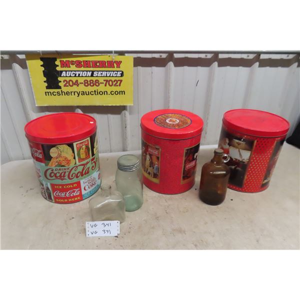 3 Coke Popcorn Tins + Old Bottles 