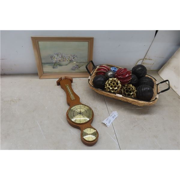 Barometer, Framed Picture 12x15, and Basket Full of Decorative Balls
