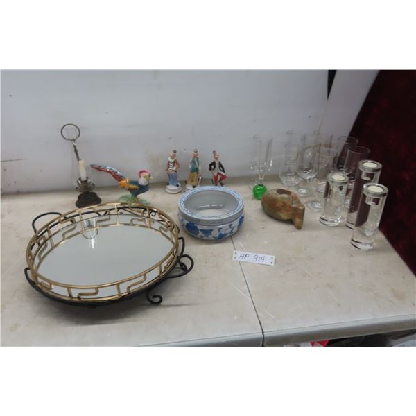 Candles, Glasses, Figurines, Mirrored Tray