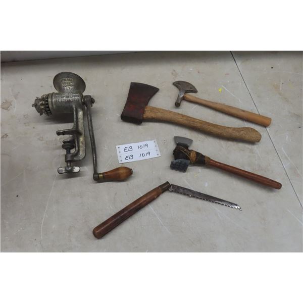 No 2 Universal Food Chopper, Hatchets, Folding Saw 