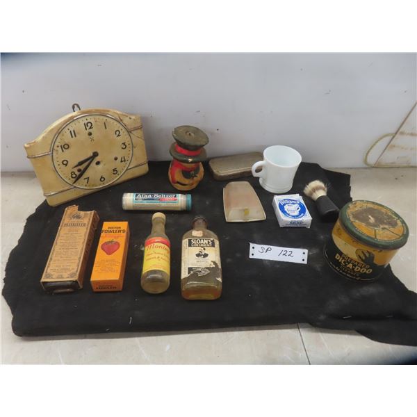 Vintage Apothecary Items, Razor, Shaving Cup, Brush, Dic- A - Doo Cleaner + 