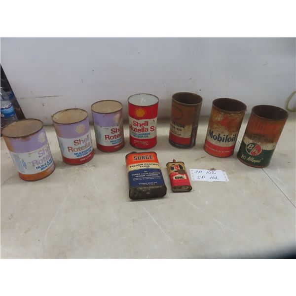 4 Shell Oil Cans with Product, Litre + 1 Pint Size, 3 Oil Cans