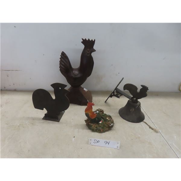 4 Chickens: Wood Carved 12", Cast Bell, 2 Tealight Holders 
