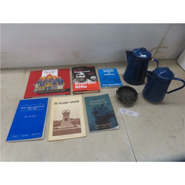 Icelandic Lot of Books, Pottery, Coffee Pots 