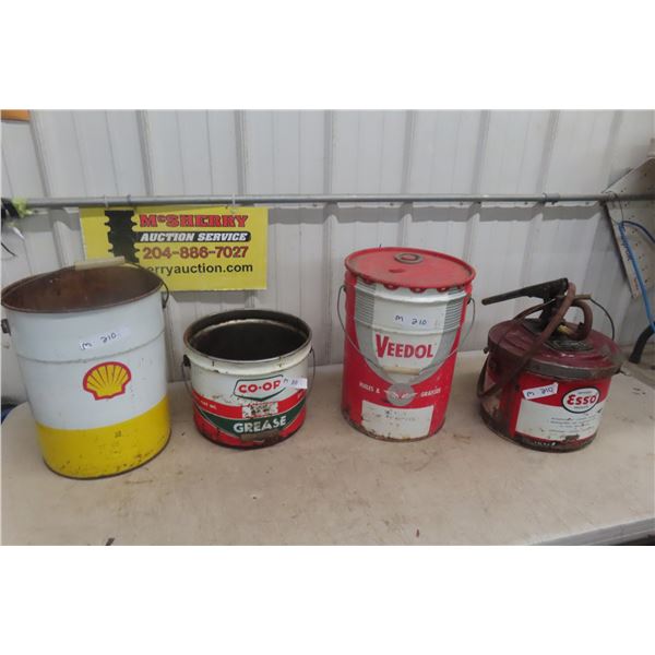 5 Gallon Pails, Shell, Veedel, Coup + Esso Grease