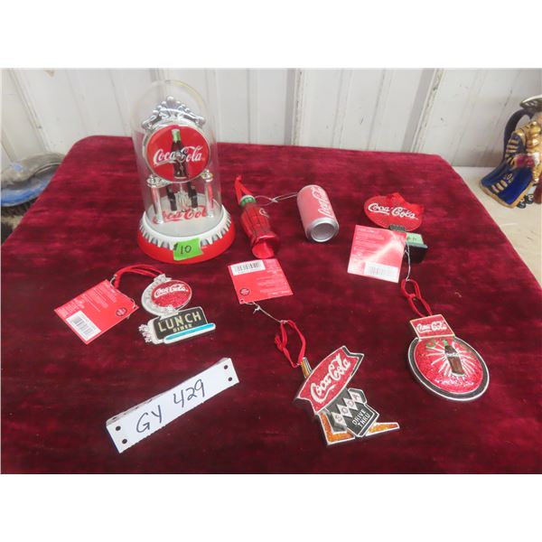 Coca Cola Clock and 6 Christmas Ornaments